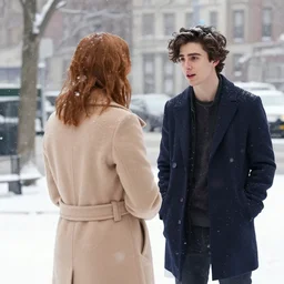 back of emma stone in beige coat, talking to timothee chalamet in new york winter, snow, artwork by gaston bussiere, craig mullins, trending on artstation