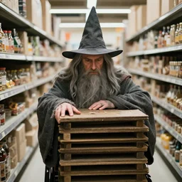 photo of Gandalf wearing wizard hat, stacking supermarket shelves, depressing, sad, 85mm f1.8