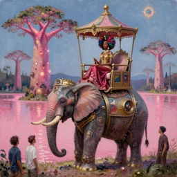 a regal and elegant african queen with a colorful afro sitting in a cabana on top of an extremely large steampunk elephant near a pink lake with a large glowing baobab tree, by amanda sage and alex grey and evgeni gordiets and thomas kinkade in a surreal psychedelic style, oil on canvas 8k, hd