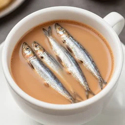 anchovies mostly submerged in a white porcelain cup of chai milk tea, macro restaurant photo