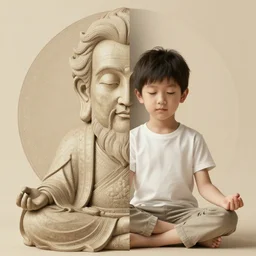portrait splitted in half, left side wise old man, right side young boy, meditation, photorealistic, intricate, elegant.