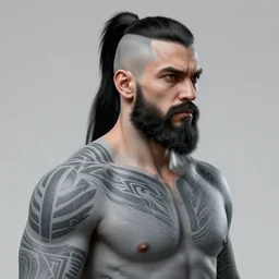 a grey warrior man with tribal tattoos, sides of head shaved with black ponytail, black beard, realistic shaded, fine details, realistic shaded lighting poster by greg rutkowski, magali villeneuve, artgerm, jeremy lipkin and michael garmash and rob rey