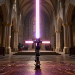 macro shot of a lightsaber sitting on a table in the hall of a great castle