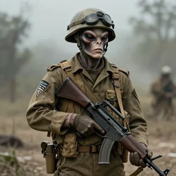 hyper realistic alien soldier in the vietnam war