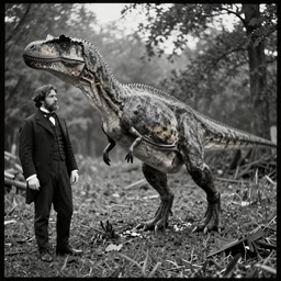 A wet-plate photograph of an allosaurus in victorian clothing