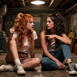 violent women fraternal twins in their basement, still from a Disney Channel comedy, 2015 cinematography, VFX by Framestore