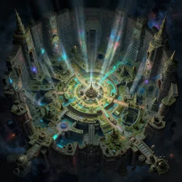an intricate matte painting of an epic galactic isometric megadungeon map played by the gods , highly detailed iridescent dimly lit exterior with shafts of iridescent light bouncing off magical realms, by Christophe Vacher and Bastien Lecouffe-Deharme, trending on artstation