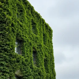 a building covered with small green leaves under a cloudy sky,high detailes