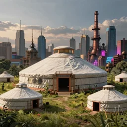 a beautiful photorealistic highly detailed nature industrial architecture building yurt unfinished building city architecture by titian, meadow lightpaint darkacademia cgsociety steampunk neon signs at night, archdaily, wallpaper, highly detailed, trending on artstation.