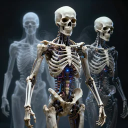 bone and teeth with cosmic circuitry and futuristic technology rearranging body form, ghostly figure, morphing skulls, an evolution of evil, by antoine wiertz and noah bradley, visually stunning, cinematic, ultra realistic, hyper realism, 1 2 k, epic, octane render, unreal engine, vfx, maya