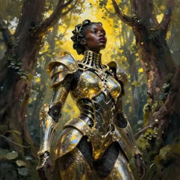 hyperrealistic neo-rococo super expressive! black woman with detailed exoskeleton armor, merging with tree in a forest, digital painting masterpiece brad kunkle hannah yata dramatic pearlescent yellow light low angle hd 8k sharp focus