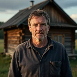 a cinematic headshot portrait of a farmer, stood outside a wooden cabin, ultra realistic, dramatic lighting, by mike campau and annie leibovitz