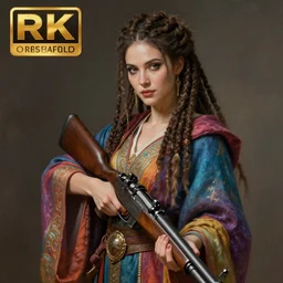 an anthropomorphic beautiful goddess female wizard portrait holding rifle wearing colourful robe, dreadlock breed hair, fine art, award winning, intricate, elegant, sharp focus, octane render, hyperrealistic, cinematic lighting, highly detailed, digital painting, 8 k concept art, art by jamie hewlett masterpiece, trending on artstation, 8 k