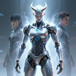 the devil wearing a technological battle suit, aura of light, artificial intelligence, scifi, futuristic, highly detailed, trending on artstation, advanced technology, art by vitaly bulgarov and nivanh chanthara and lance wilkinson