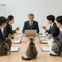 photo of well dressed cats in a management board meeting. Highly detailed 8k. Intricate. Sony a7r iv 55mm. Stock photo.