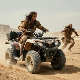 solo ancient indian tribesman hunting on atv, chase ,attacking, action scene, an epic fantasy, dramatic lighting, cinematic, establishing shot, extremely high detail, photorealistic, cinematic lighting, artstation, octane render, by simon stalenhag, horizon forbidden west,old photo, high speed photography, vintage, mad max