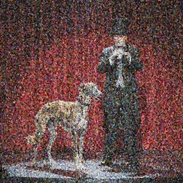 a greyhound dog and a magician standing on a stage in front of red curtains, dramatic lighting