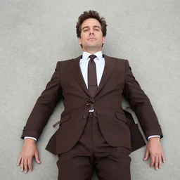 Andy Richter is wearing a chocolate brown suit and necktie. Andy is lying flat on a concrete ground looking at camera. Ariel view. - 6