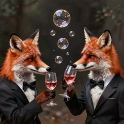 foxes in tuxedos making bubbles drinking wine, contrast, deep focus, turnaround, highly detailed, dramatic lighting, digital painting, artstation, concept art, matte, sharp focus, greg rutkowski, moebius, illustration.
