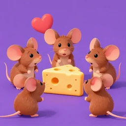 brown mice are celebrating someting around a piece of cheese, purple background, in style of transformice game, 4k photorealism