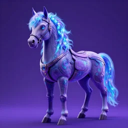 a beautiful full body portrait of a cute cyberpunk horse with bioluminescent mane by sandra chevrier and greg rutkowski and wlop, purple blue color scheme, vaporware, retro, outrun, high key lighting, volumetric light, digital art, highly detailed, fine detail, intricate, ornate, complex, octane render, unreal engine, photorealistic
