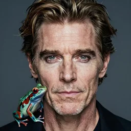 a close - up portrait photo of willem dafoe poison frog by erwin olaf, make - up art and styling by takahashi murakami