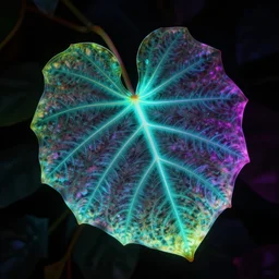 realistic photo of a one big neon colored glowing leaf in dark background, very sharp focus, in the style of greg rutswoski, very hyper realistic, highly detailed, fantasy art station