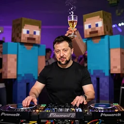 vladimir zelensky is the dj at a rave where dr. fauci had too much to drink in minecraft, rendered in minecraft