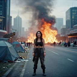 Cinestill 50d candid photography of a city on fire, extreme wide shot of a poor techwear mixed woman wearing makeup crying outside of a futuristic city on fire, cyberpunk, tattoos, homeless tents on the side of the road, extreme long shot, desaturated, full shot, blurry, 4k, 8k, hd, full color