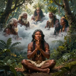 an indigenous man sitting and praying in the jungle, while old faces of his ancestors watch over him in the clouds, art by christophe vacher