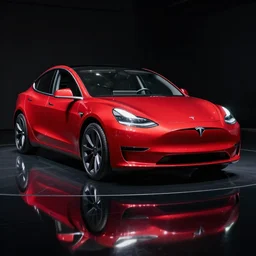 a photo of a tesla car on a reflective black floor, hyper detailed, smooth, high contrast, volumetric lighting, octane, jim lee, craig mullins, vibrant rich deep color