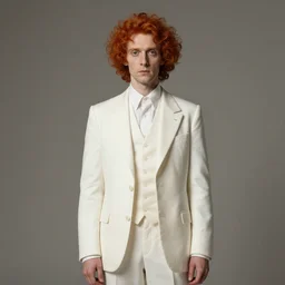a elflike, gingerly man with red hair wearing a white suit by wendy froud, trending on cg society, pre - raphaelitism, grotesque, pre - raphaelite, studio portrait