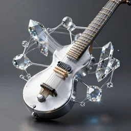 a picture of a musical instrument based on quantum mechanics, liquid metal, glass and crystals, ray tracing reflections, textured, elegant, hyperrealistic