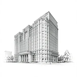 a white sketch of a classical technical modern building elevation printed on the glass of a modern nyc retail store at night in the rainy fog