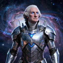 president george washington, warframe armor, scifi, futuristic, galaxy, nebula, raytracing, dreamy, blue cyborg eyes, sharp focus, cinematic lighting, highly detailed, artstation, divine, by gauthier leblanc, kazuya takahashi, huifeng huang
