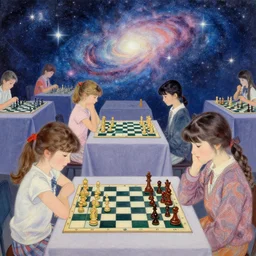 chess tournament, carmen kass, young girls, the number of people is sporadic, mary stevenson cassatt, ukiyo - e, galactic light colors