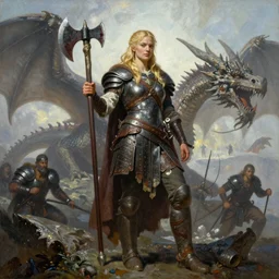 An oil painting of a beautiful blonde viking woman posing with a bloodied war-axe, very aesthetic, detailed face, by Frank Frazetta, Greg Rutkowski, Boris Vallejo, Neal Hanson, Christian MacNevin, epic fantasy character art, goddess of war, detailed viking armor, high fantasy, full length, exquisite detail, post-processing, low angle, masterpiece, cinematic, colossal dragon in background