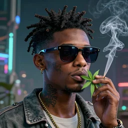 basquiat with dark glasses, smoking cannabis in a psychedelic metaverse, 16 K 3D ultrarealistic futuristic utopian and dystopian art, cry engine