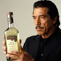 danny trejo looking at the bottle of tequila, sharp lines, realistic photography, character focus, simple background