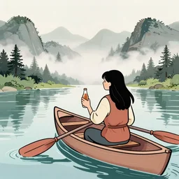 “ a girl holding a beer, in a canoe on a river, mountains in fog, manga drawing, by paul pope ”