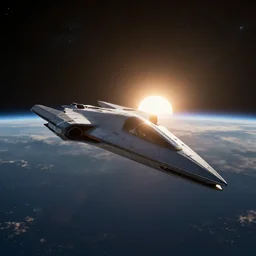 still of a sleek and thin, triangular symmetrical spaceship, orbiting a planet with the sun cresting on the horizon. detailed starry background, star citizen game render, 8 k, unreal engine, nvidia 3 0 8 0 graphics