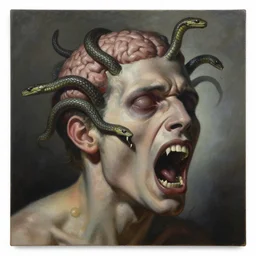 an oil on canvas painting of a screaming decapitated man's partially decomposing face with biting serpents swarming out of his brain, a surrealist painting, polycount, surrealism, surrealist, lovecraftian, cosmic horror, high detailed