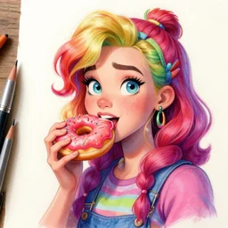 Mabel Pines, gravity falls character, eating a donut, colourful, drawing, masterpiece, high detail, digital art