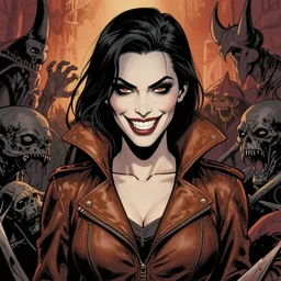 in the style of Rafael Albuquerque comicbook cover art, Samara Weaving vampire, sharp teeth grin, perfect Symmetrical face, sarcastic, brown leather jacket, surrounded by creatures