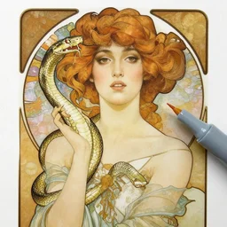 an art nouveau copic maker portrait of a woman with a snake by john berkey by stanley artgerm lau, alphonse mucha, loish, norman rockwell