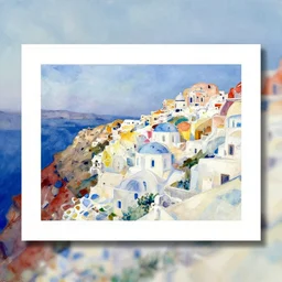 art print, abstract gouache watercolour, painting, pastel colours, seaside greek town santorini on a hill, by gary hume, stanisław szukalski, society 6