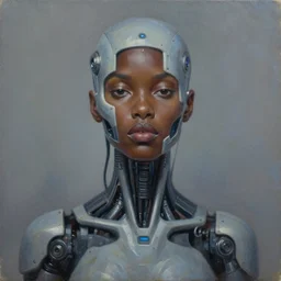 a realistic oil painting of a black woman as a cybernetic cyborg, surrealism portrait, surrealism album cover