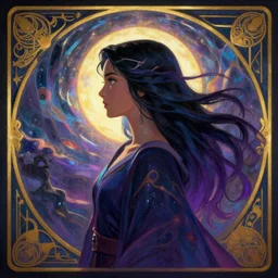 side profile centered painted portrait, Maya Ali as a storm sorcerer, D&D, matte painting concept art, beautifully backlit, official fanart, 4k, HDR, Trending on artstation, Behance, Art Nouveau, chromatic colours, by Jesper Ejsing and RHADS and Makoto Shinkai and Lois van baarle and ilya kuvshinov and rossdraws and Cushart Krentz and Gilleard James
