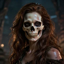 epic portrait cinematic shot an woman with a face of a skull, creepy, flowing brown hair, shiny skin, beautiful, fine details. night setting. realistic shaded lighting poster by craig mullism, artgerm, jeremy lipkin and michael garmash, unreal engine, radiant light, detailed and intricate environment, digital art, trending on art station,