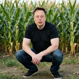 elon musk squatting in a cornfield, high res photograph,